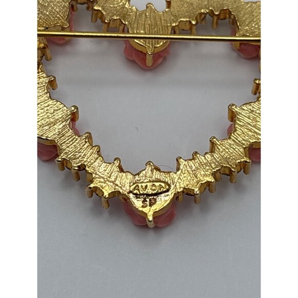 Avon Vintage Rose Accent Heart Brooch Pin Gold Tone Pink Rose Pastel Rhinestones - Picture 3 of 4